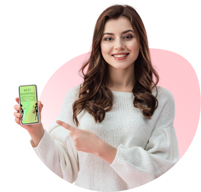 modern girl showing best app details in mobile with smiling